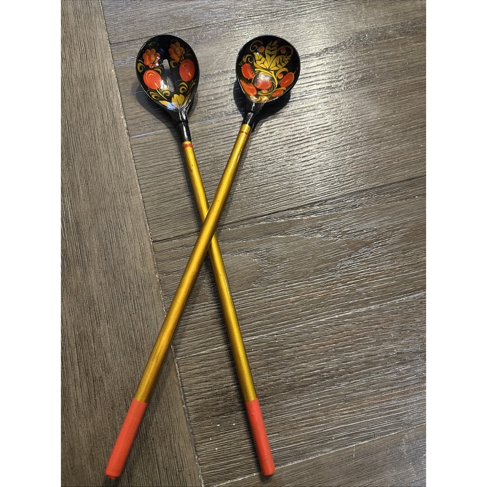 Vintage Russian Khokhloma Painted Wooden Spoons Folk Art 1970s Pair Black Gold